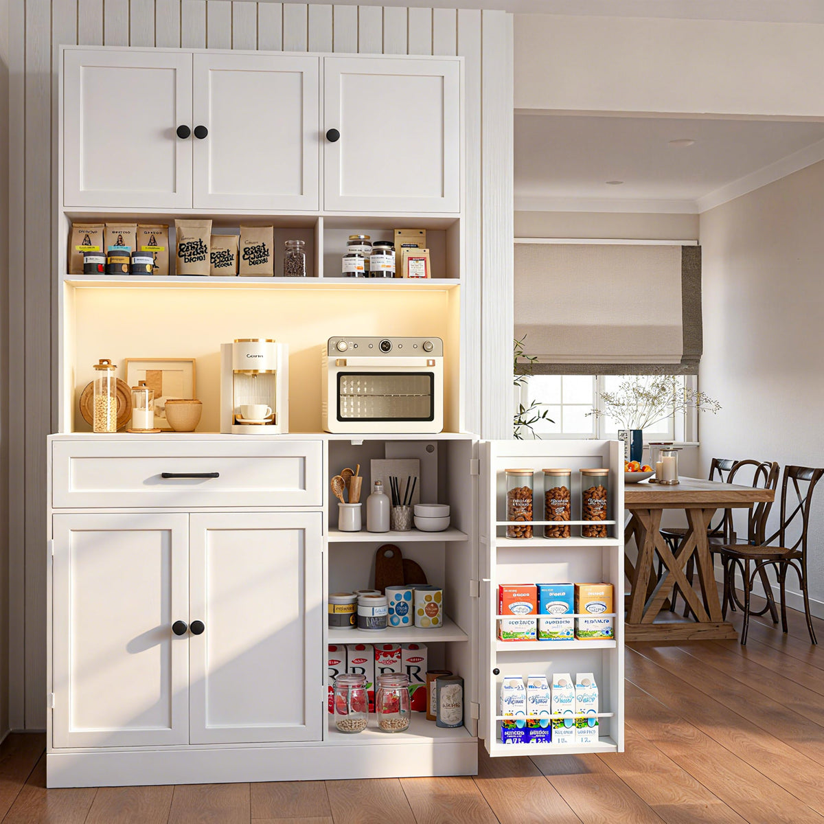 72" Kitchen Pantry Cabinet with LED Light and Charging Station F773