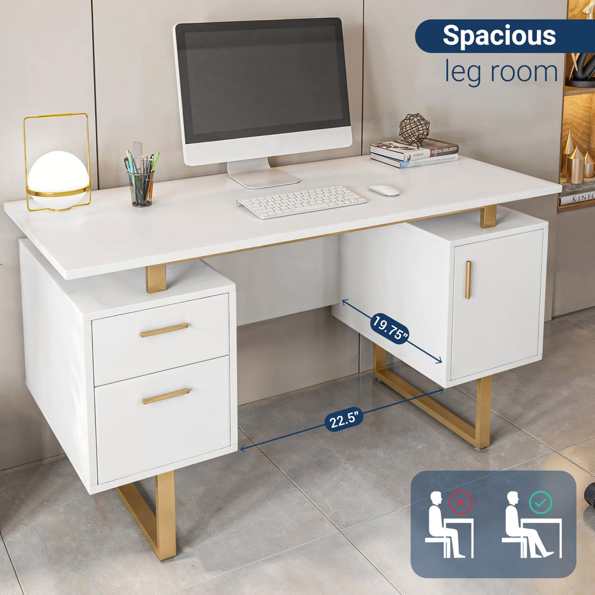 51"W Computer Desk with 2 Drawers & Storage Cabinet J727