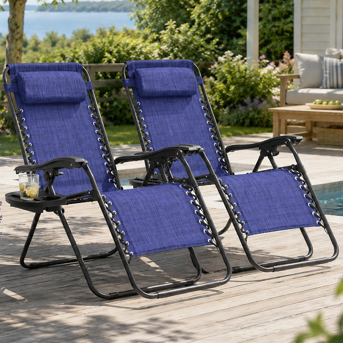 2 Pack Blue 7-Position Adjustable Zero Gravity Chairs with Tray N842366