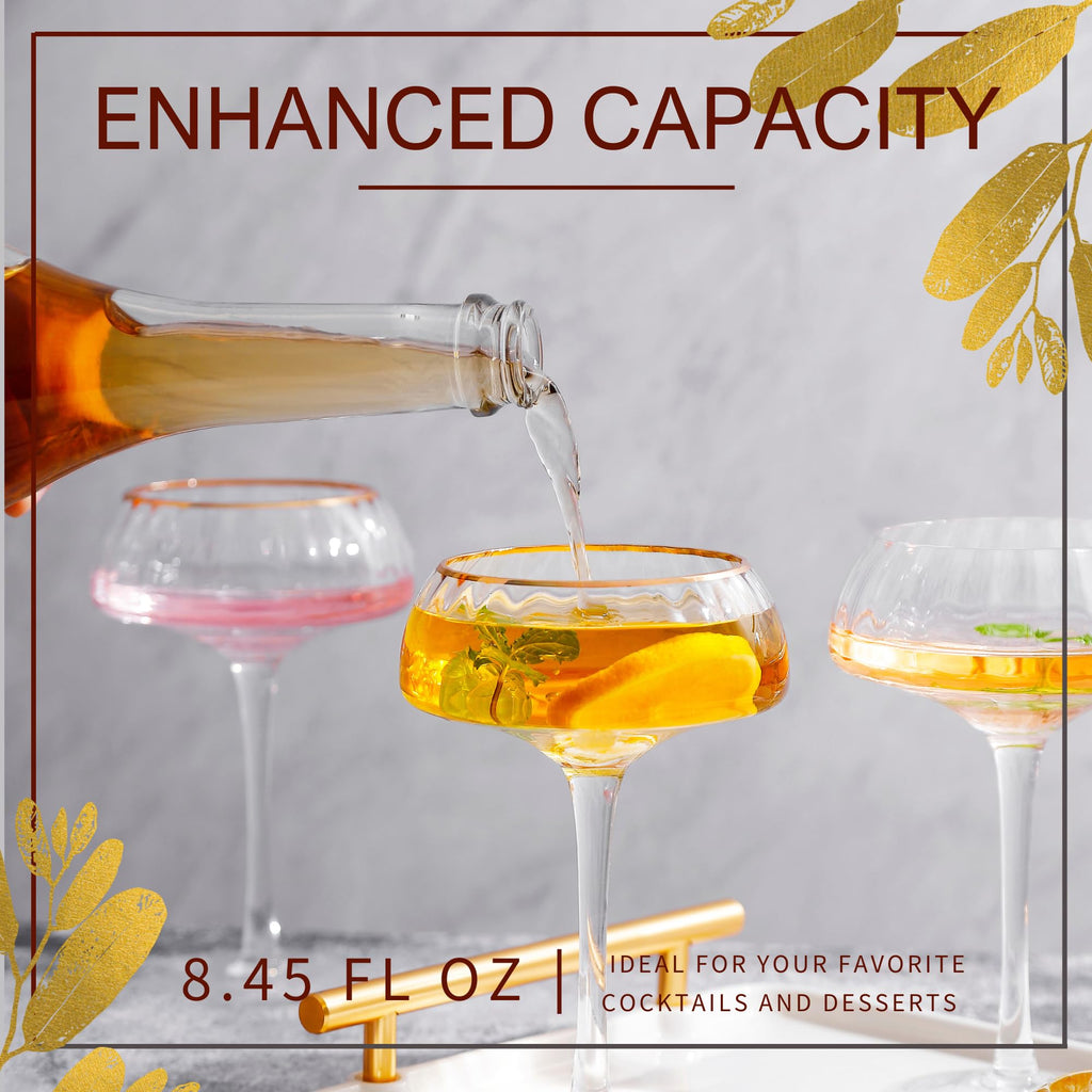 Coupe Glasses Set of 4 Hand Blown 8.45 oz Gold Rim R999