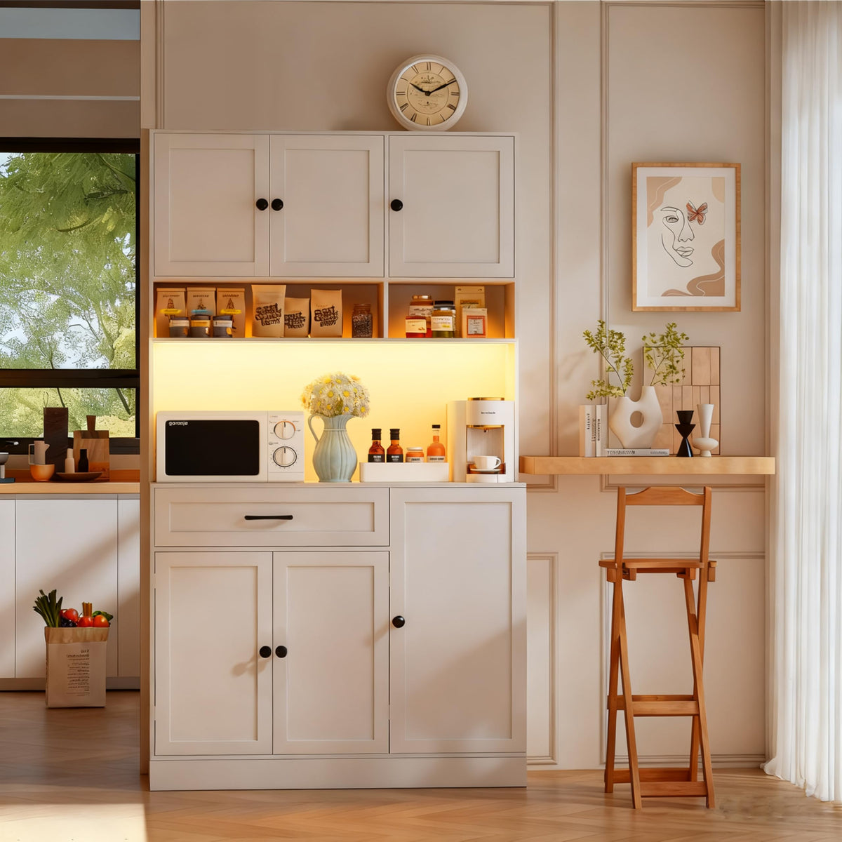 72" Kitchen Pantry Cabinet with LED Light and Charging Station F773