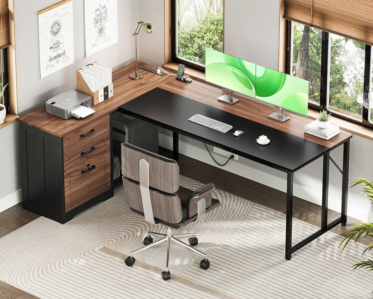 61" L Shaped Office Desk with Wood Drawers T30418