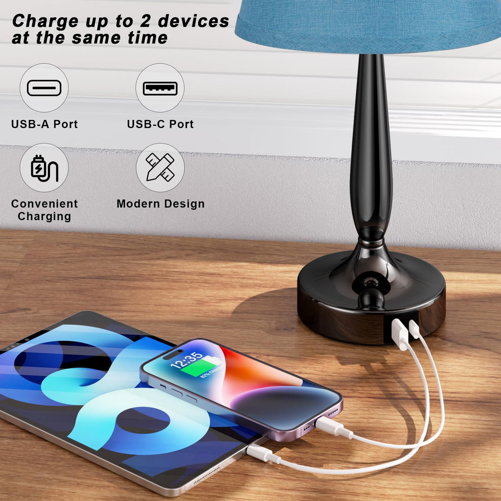 Touch Bedside Lamp with USB C Port, 3 Way Dimmable Turquoise Blue J557