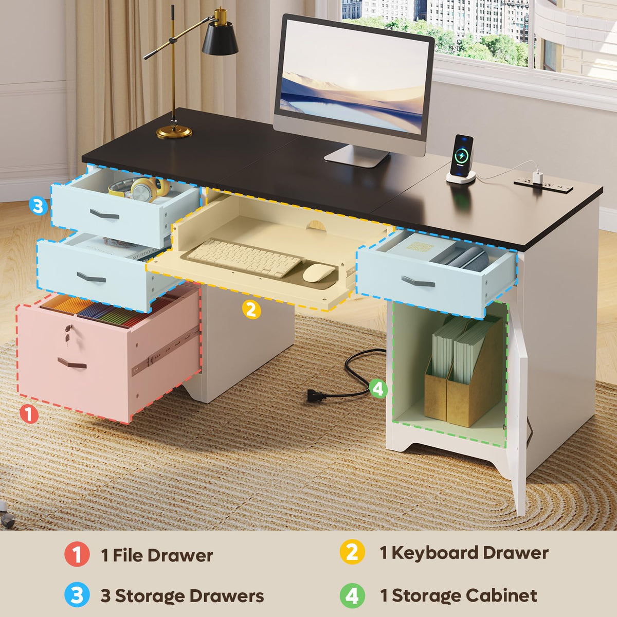 White Office Desk with Lockable Drawers and Charging Station E48937