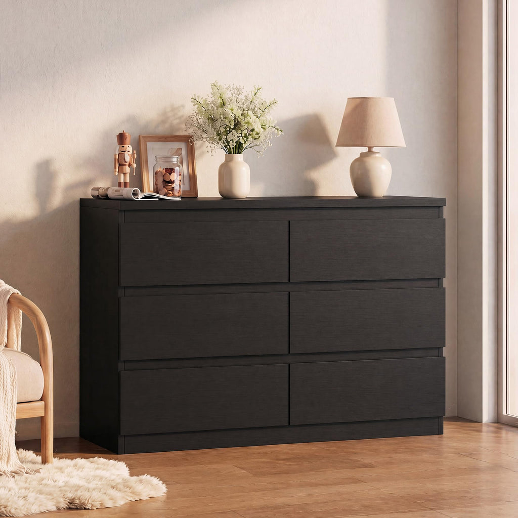 Black 6 Drawer Wood Double Dresser V459