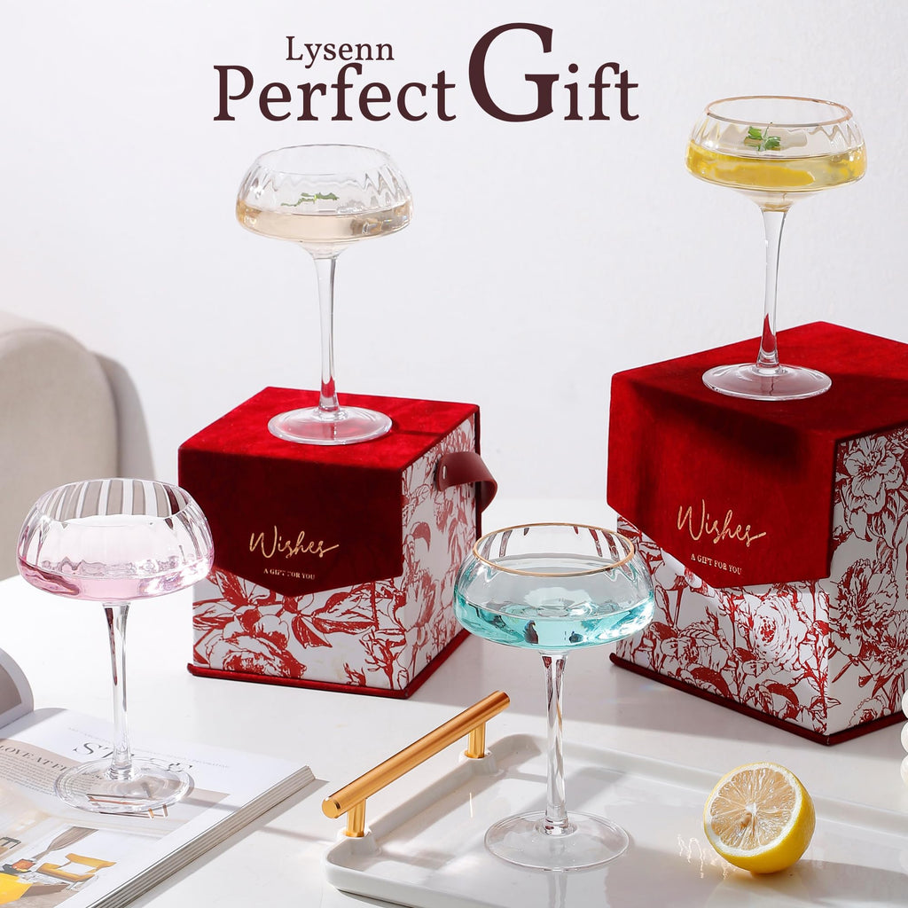 Coupe Glasses Set of 4 Hand Blown 8.45 oz Gold Rim R999