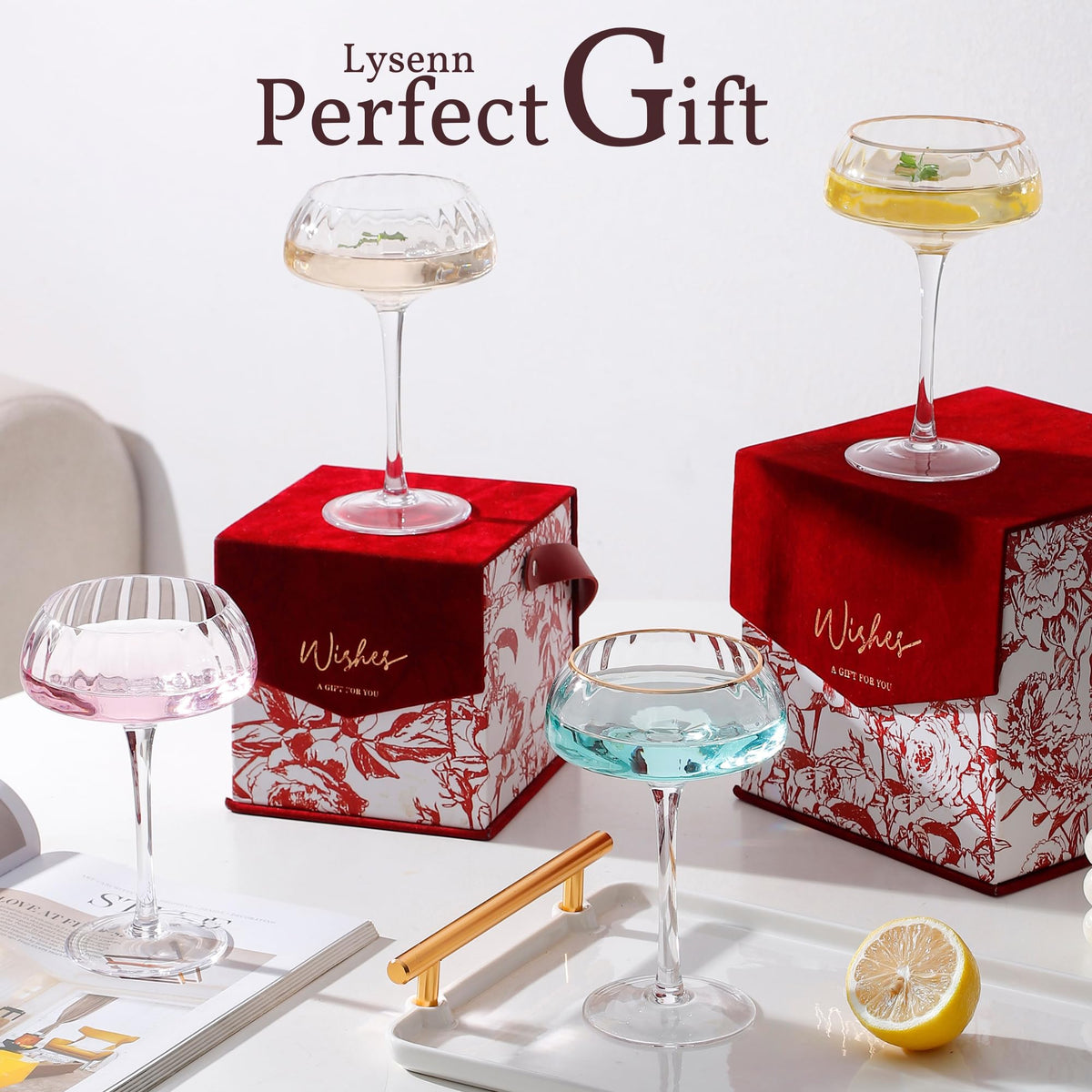 Coupe Glasses Set of 4 Hand Blown 8.45 oz Gold Rim R999