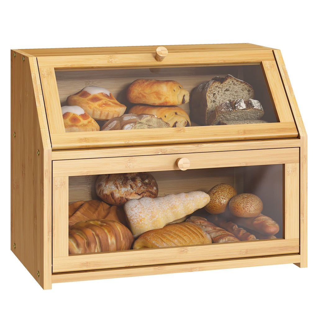 Double Layer Bamboo Wooden Bread Box W44052