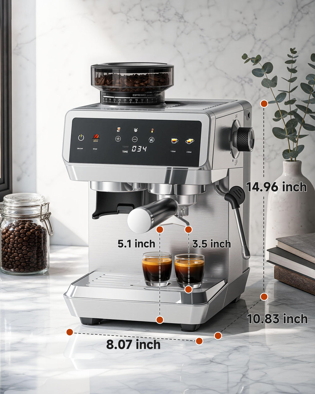 Espresso Machine With Grinder, Temp Control, 44 Grind Settings H4494