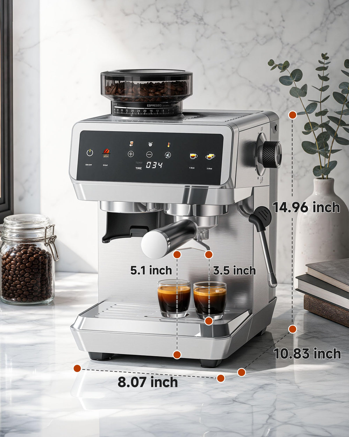 Espresso Machine With Grinder, Temp Control, 44 Grind Settings H4494