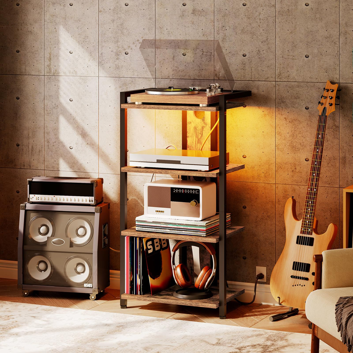 4-Tier Media Stand with Charging Station & LED Light S512
