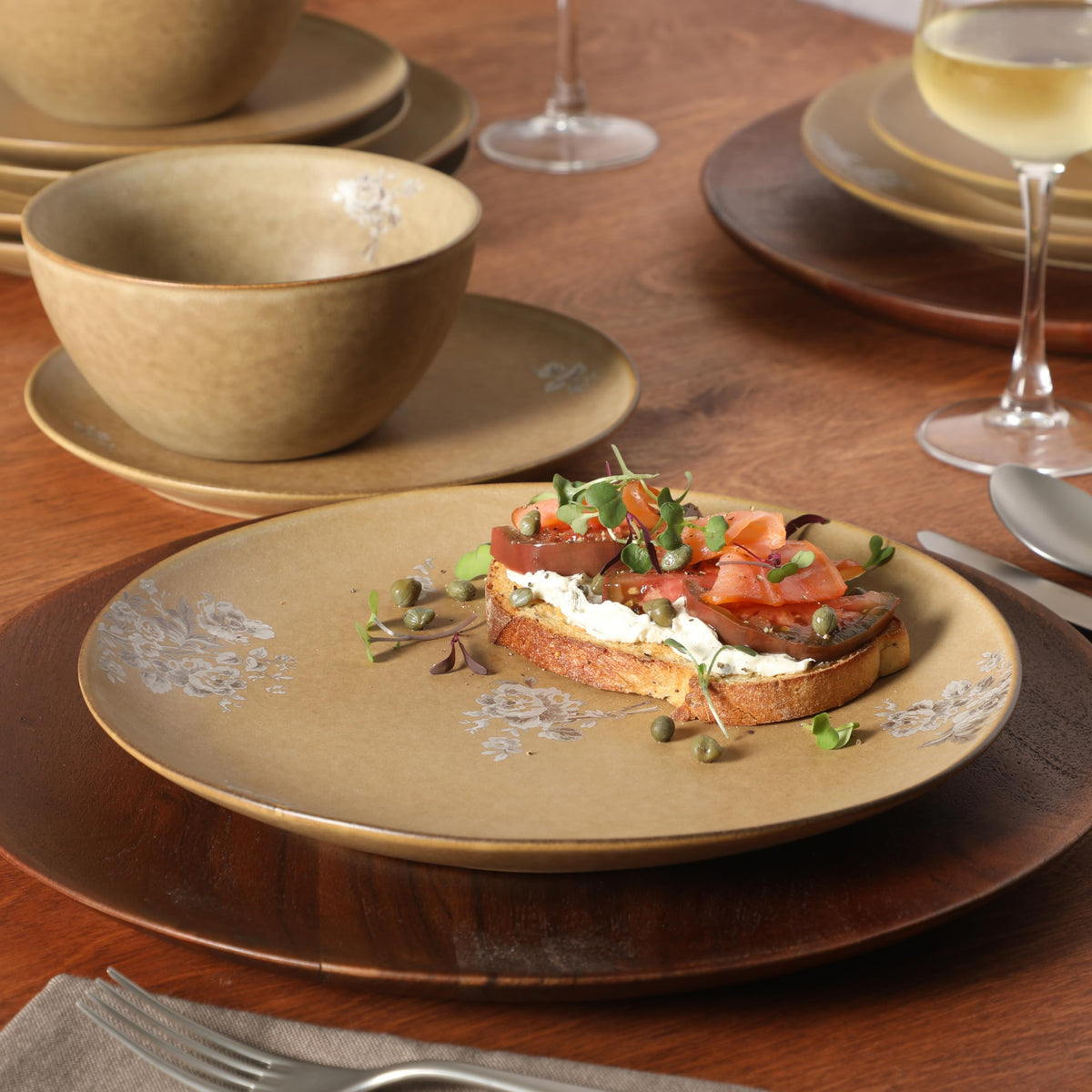 12 Piece Taupe Floral Dinnerware Set X821