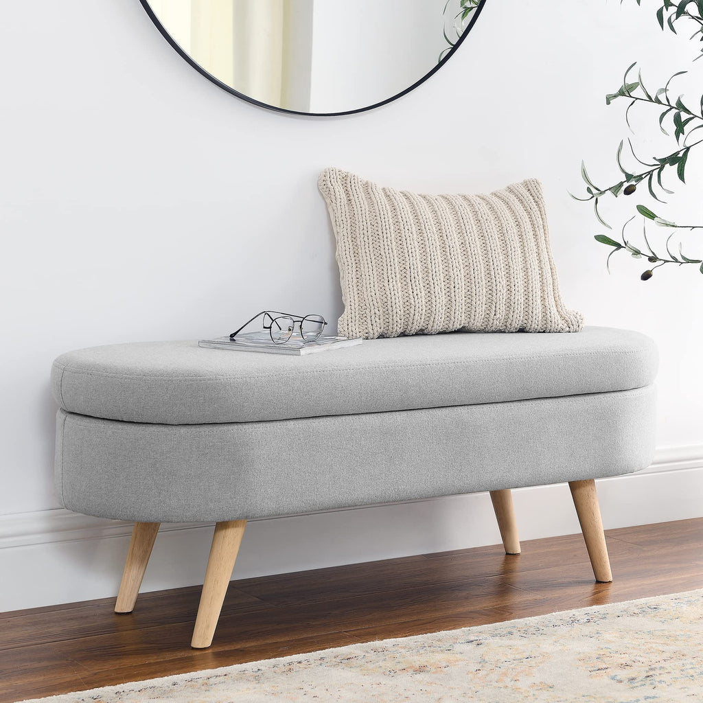 Oval Storage Bench with Linen Fabric and Rubber Wood Legs Grey W7831