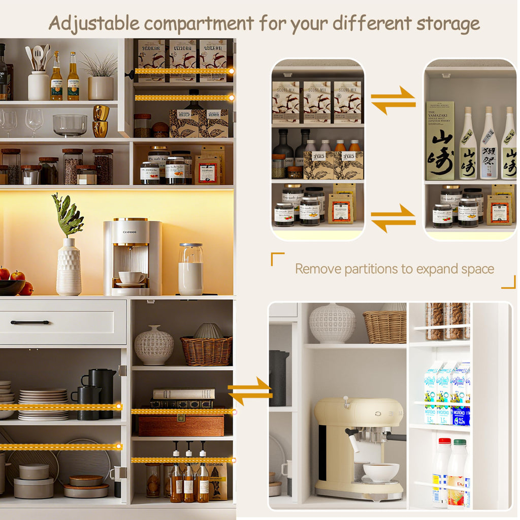 72" Kitchen Pantry Cabinet with LED Light and Charging Station F773