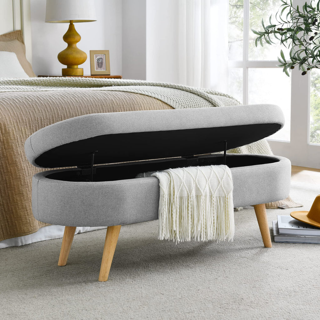 Oval Storage Bench with Linen Fabric and Rubber Wood Legs Grey W7831