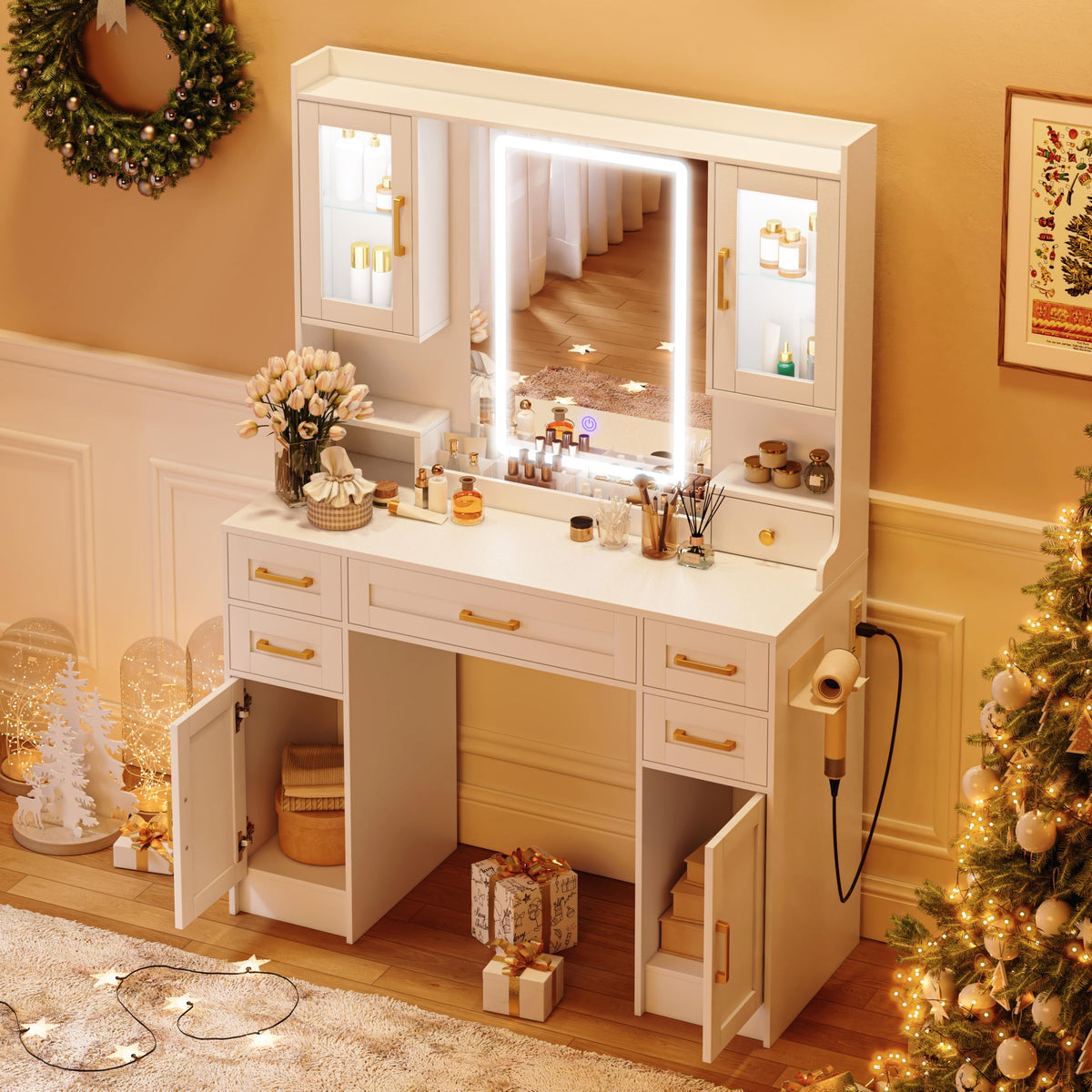 White Vanity Desk with Mirror, LED Lights and Power Outlet Q4424