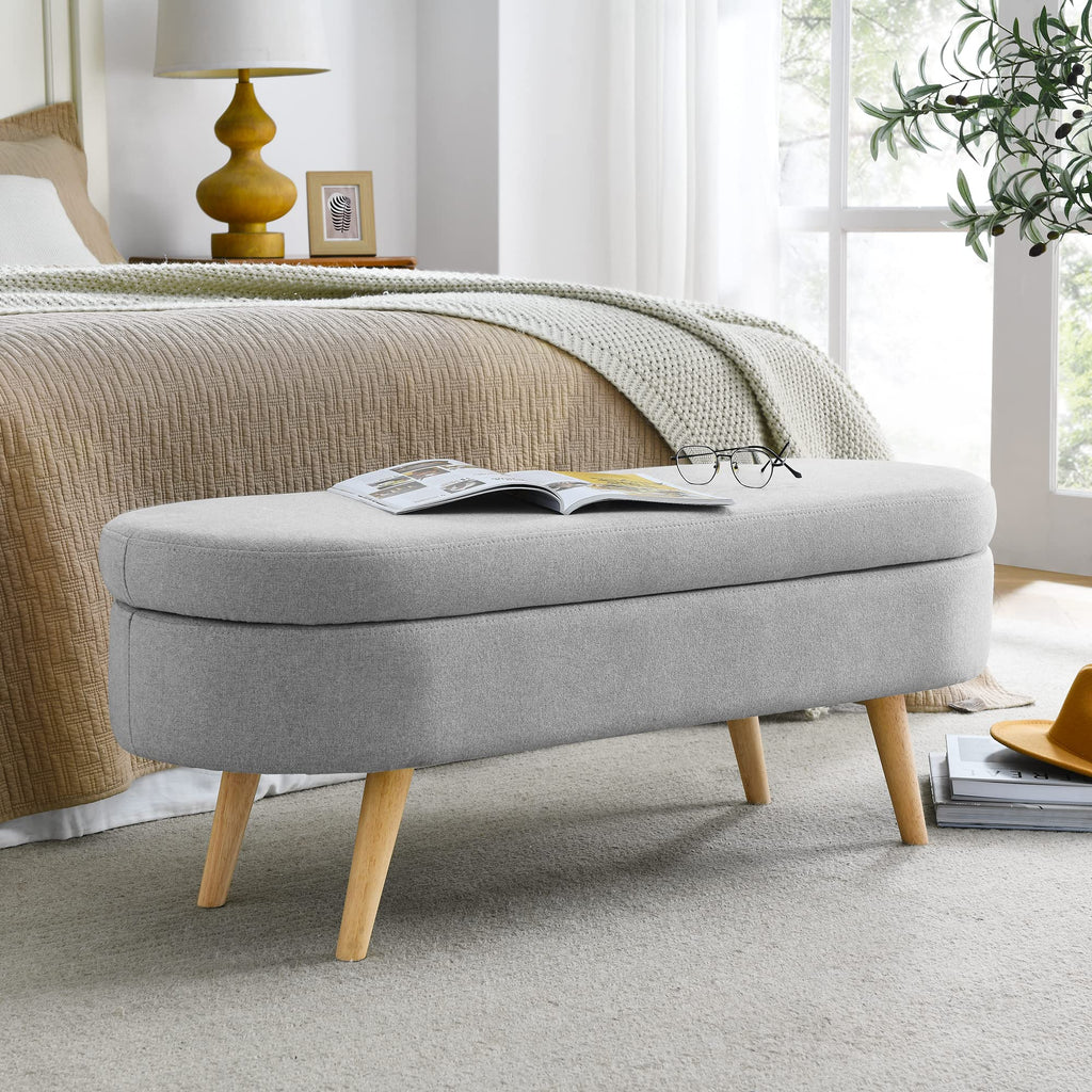 Oval Storage Bench with Linen Fabric and Rubber Wood Legs Grey W7831