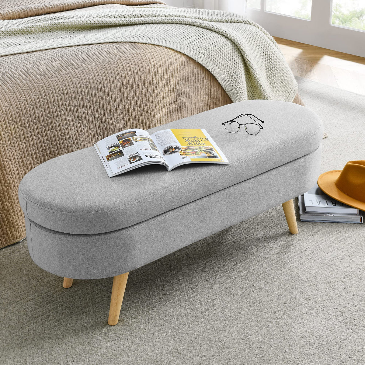 Oval Storage Bench with Linen Fabric and Rubber Wood Legs Grey W7831