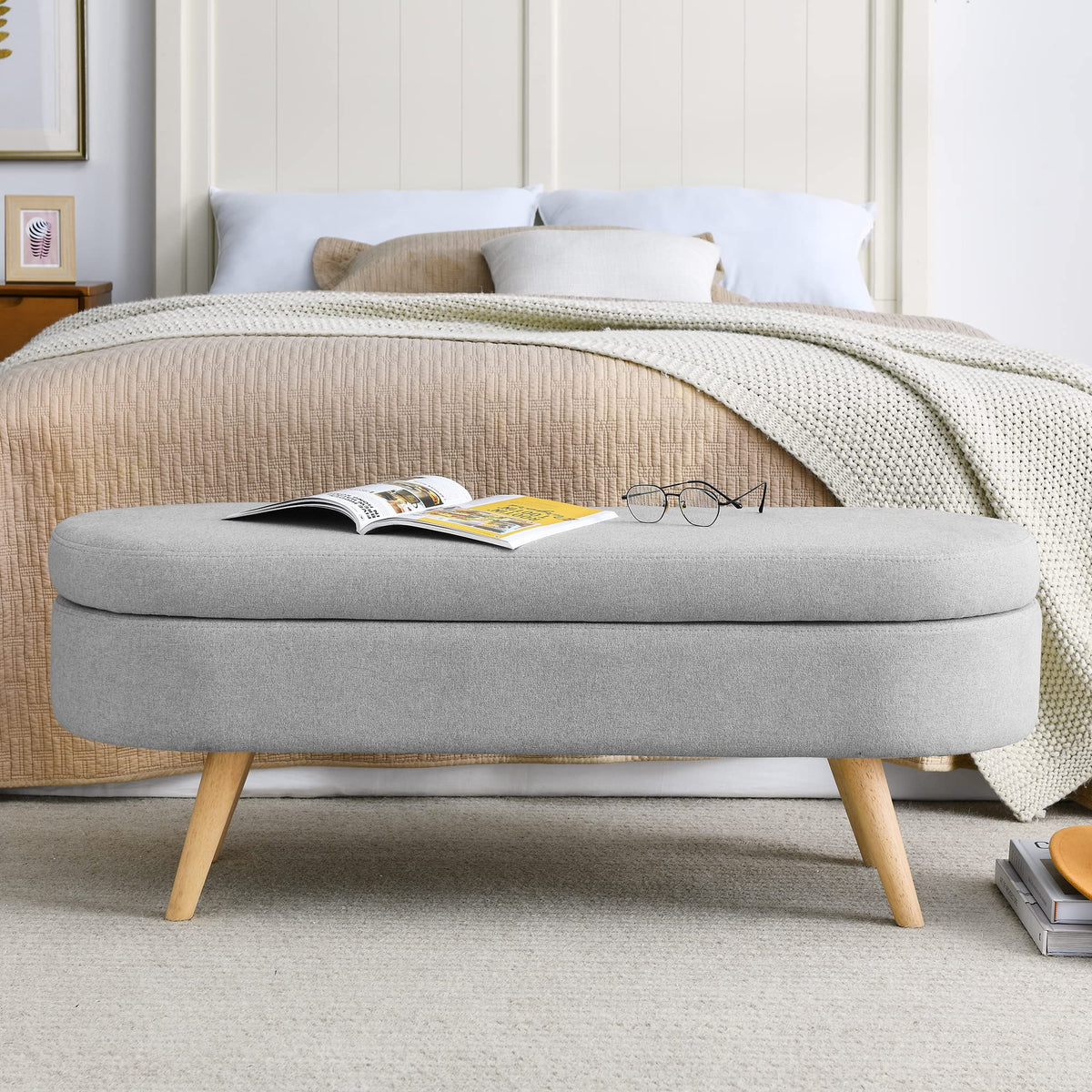 Oval Storage Bench with Linen Fabric and Rubber Wood Legs Grey W7831